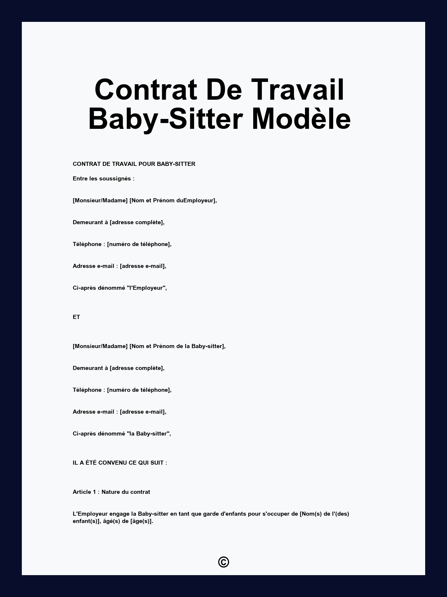 Contrat De Travail Baby-Sitter Modèle