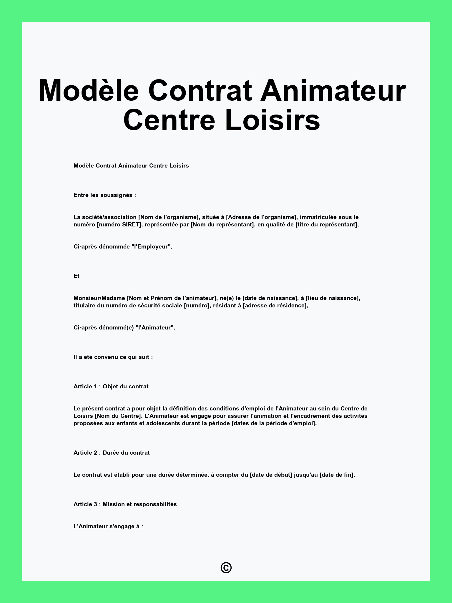 Modèle Contrat Animateur Centre Loisirs