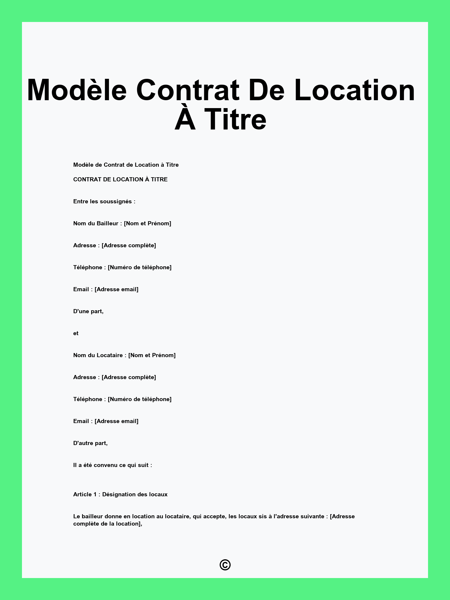 Modèle Contrat De Location À Titre