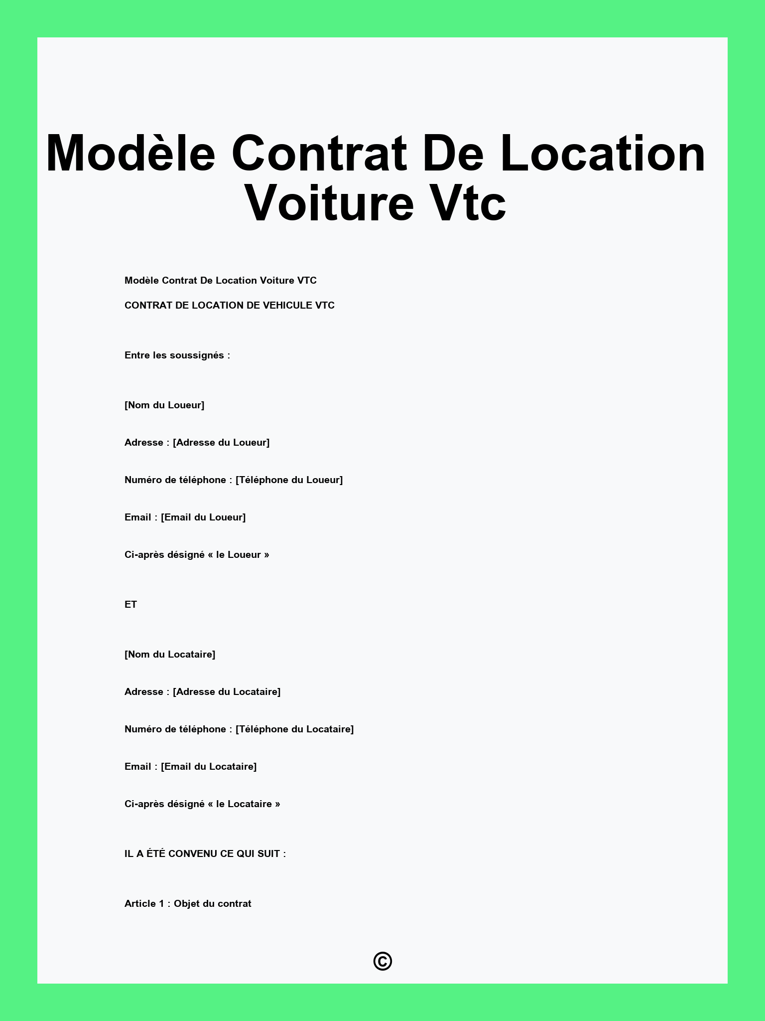 Modèle Contrat De Location Voiture Vtc