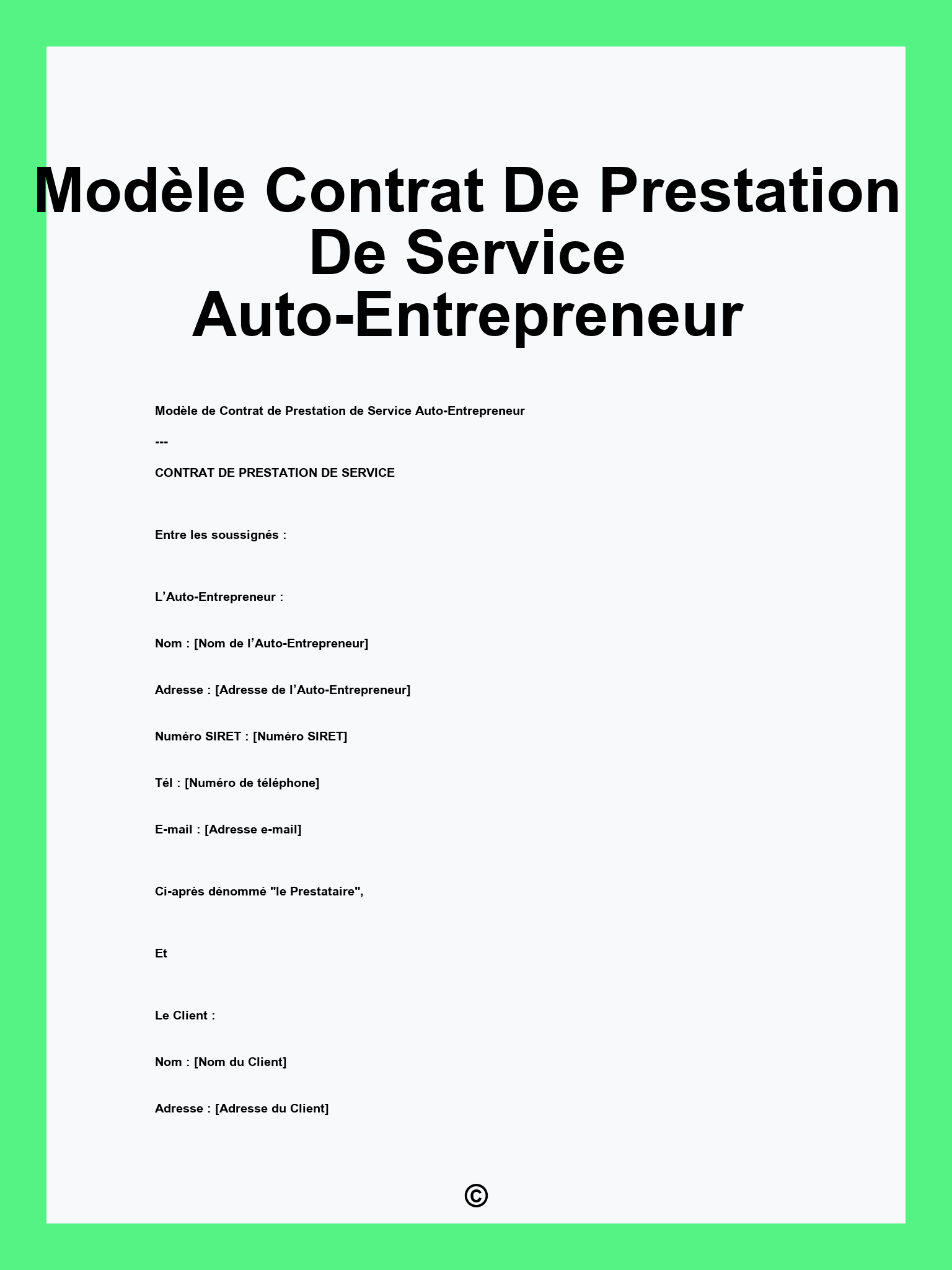 Modèle Contrat De Prestation De Service Auto-Entrepreneur