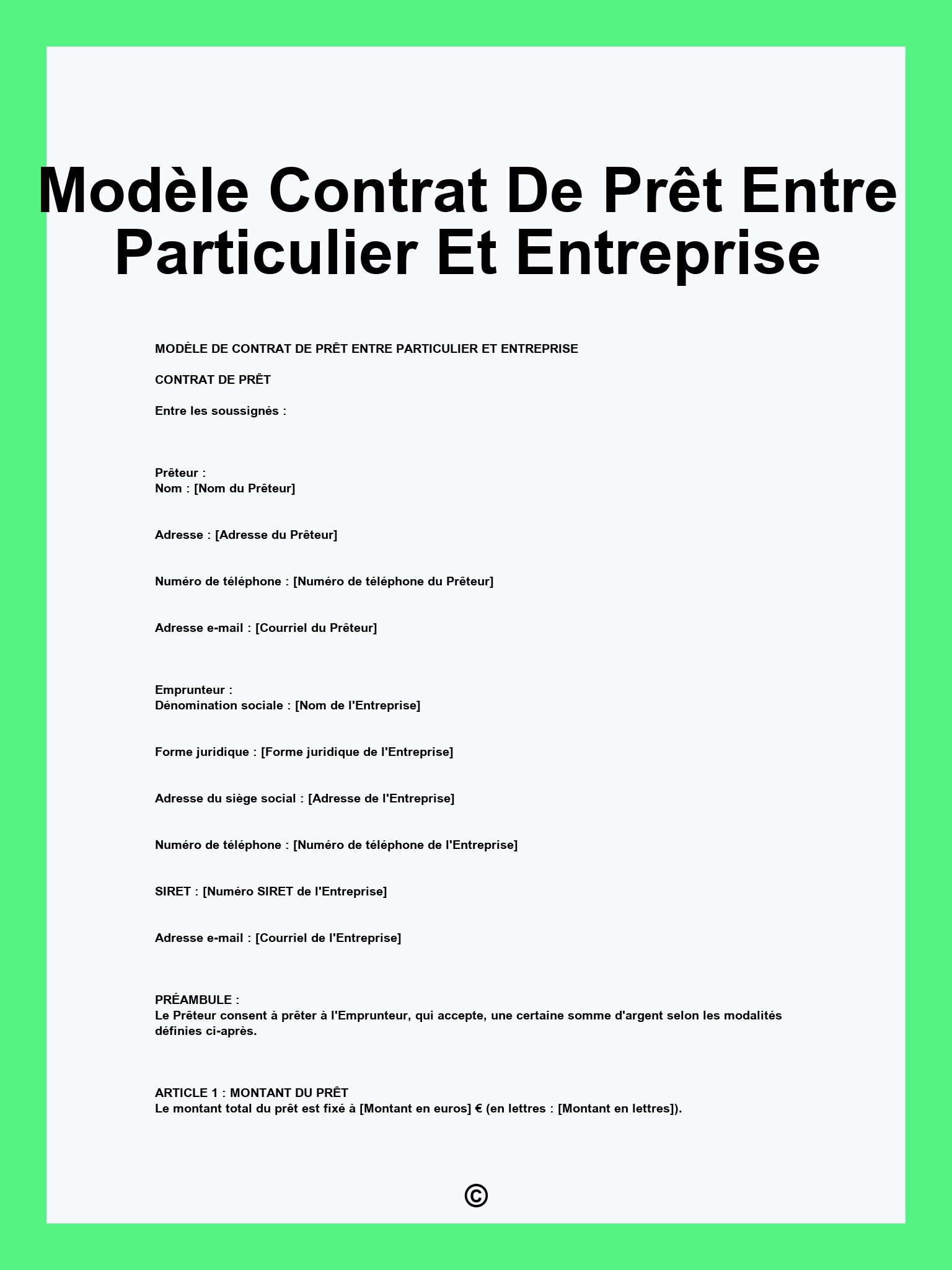 Modèle Contrat De Prêt Entre Particulier Et Entreprise