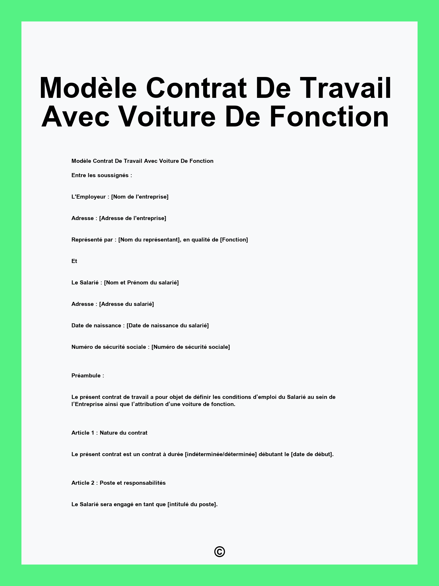 Modèle Contrat De Travail Avec Voiture De Fonction