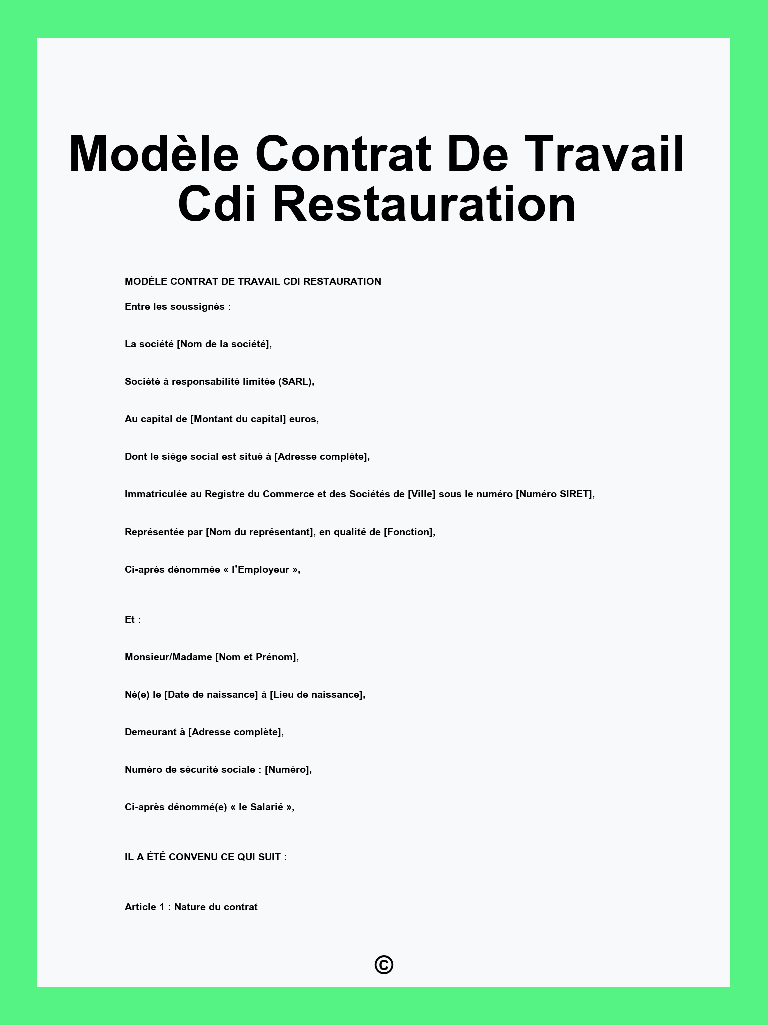 Modèle Contrat De Travail Cdi Restauration