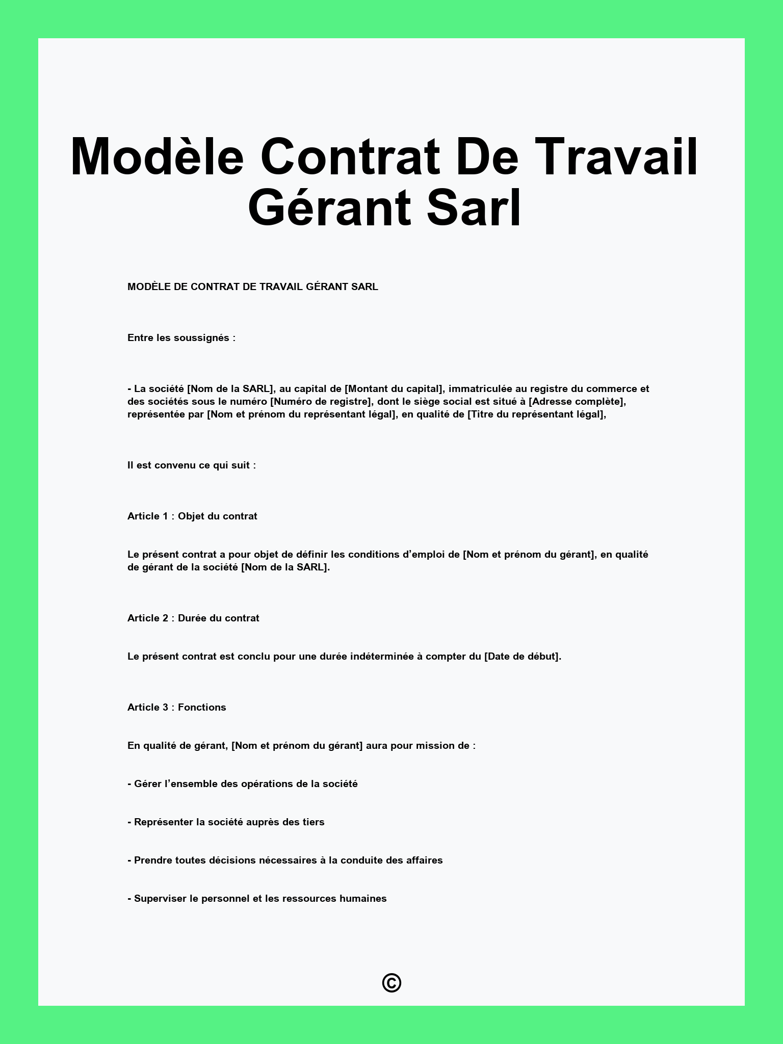 Modèle Contrat De Travail Gérant Sarl