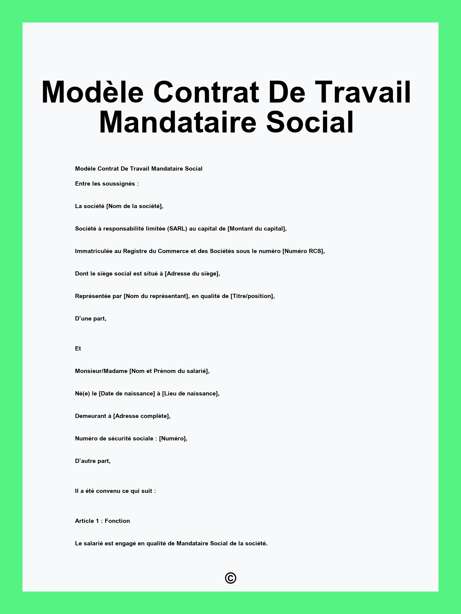 Modèle Contrat De Travail Mandataire Social