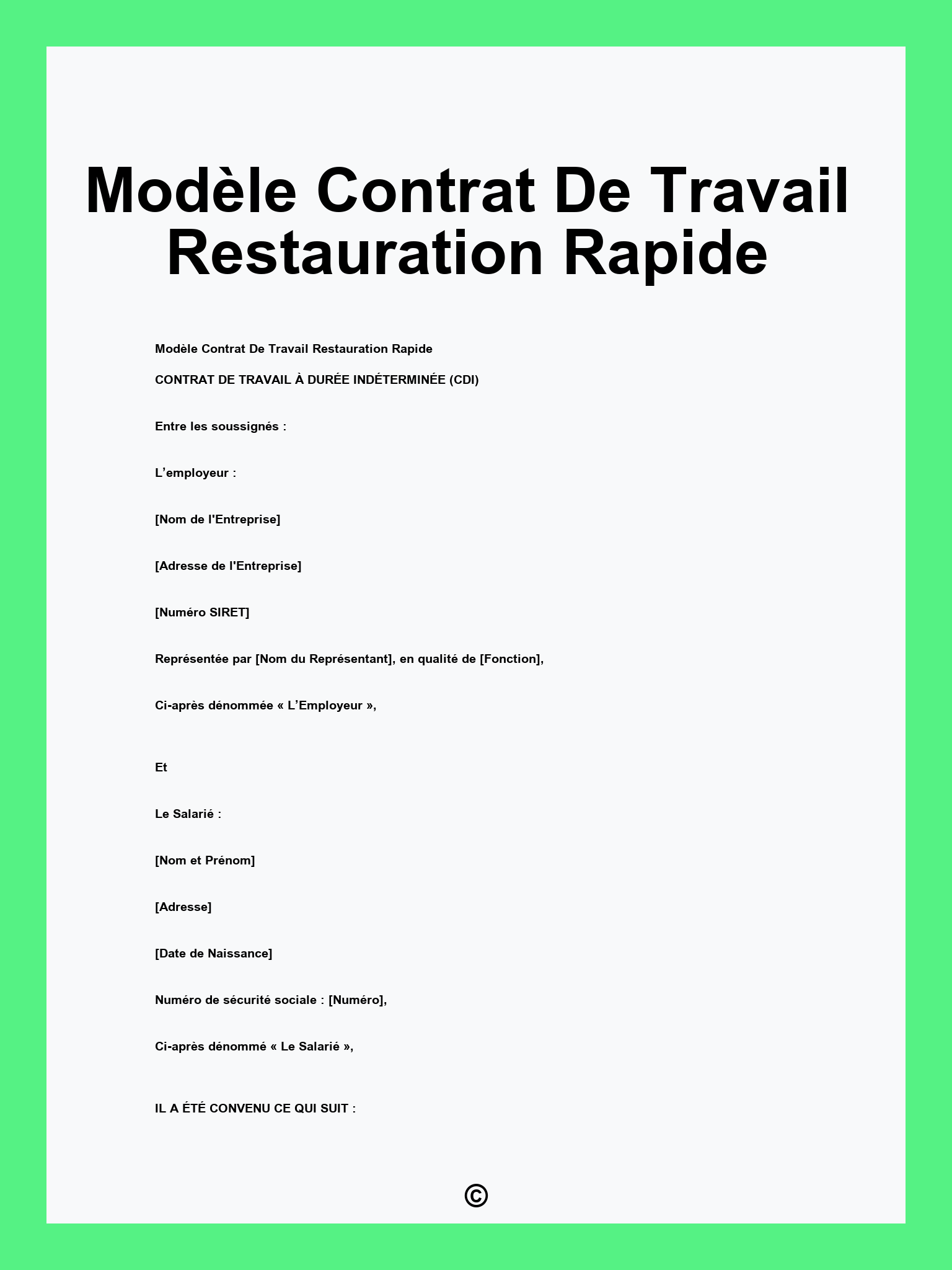 Modèle Contrat De Travail Restauration Rapide