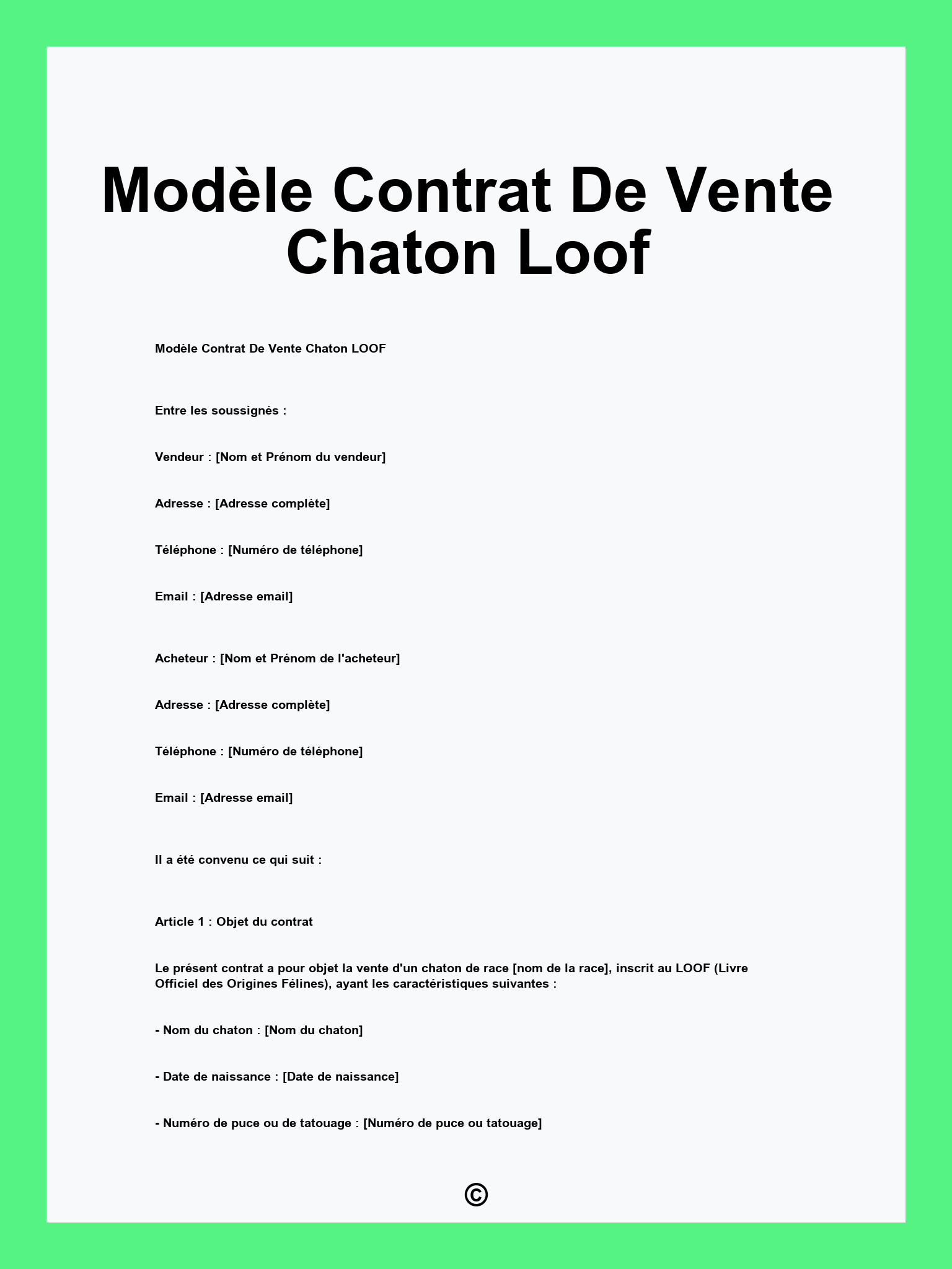 Modèle Contrat De Vente Chaton Loof