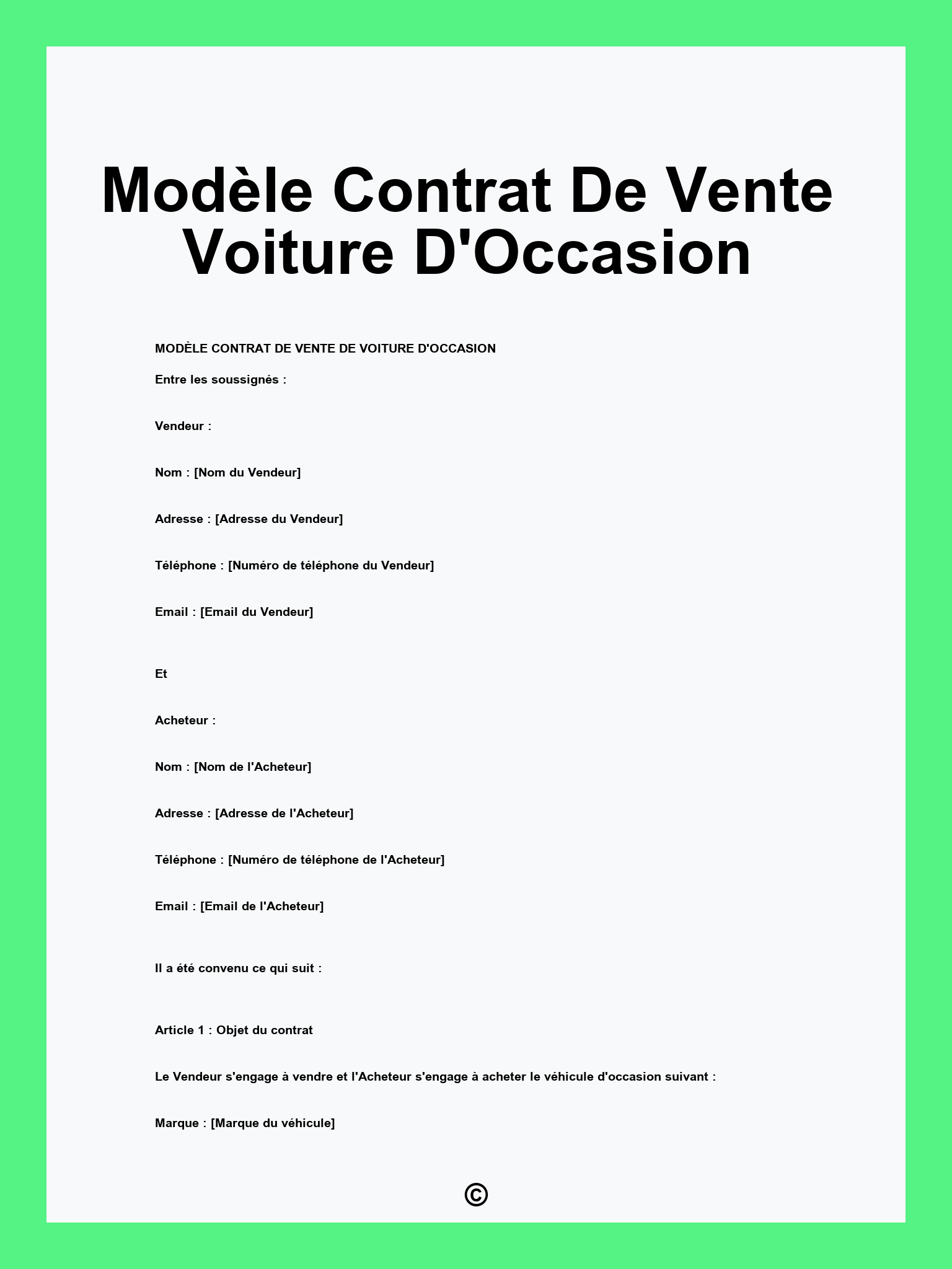 Modèle Contrat De Vente Voiture D'Occasion