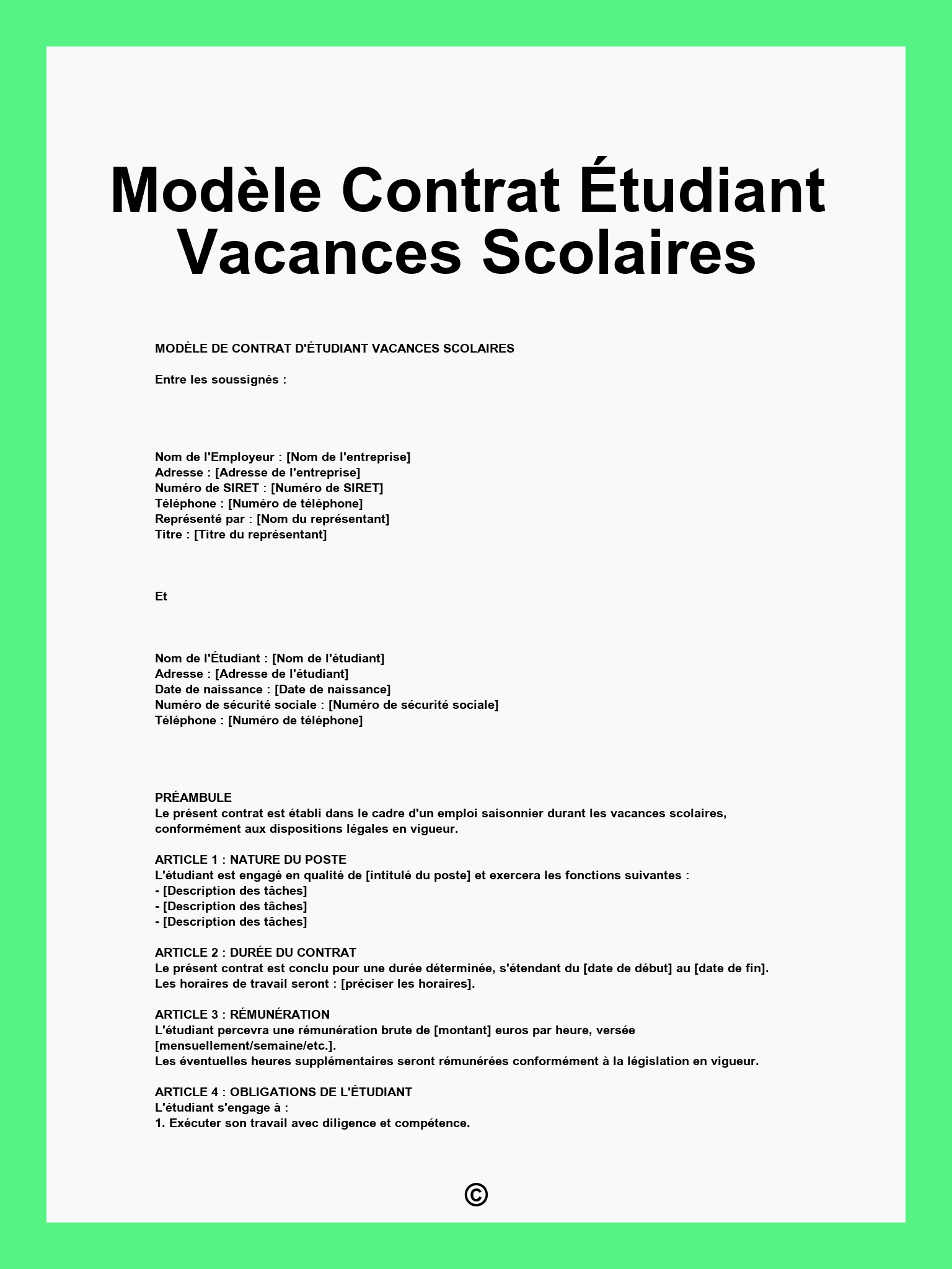 Modèle Contrat Étudiant Vacances Scolaires