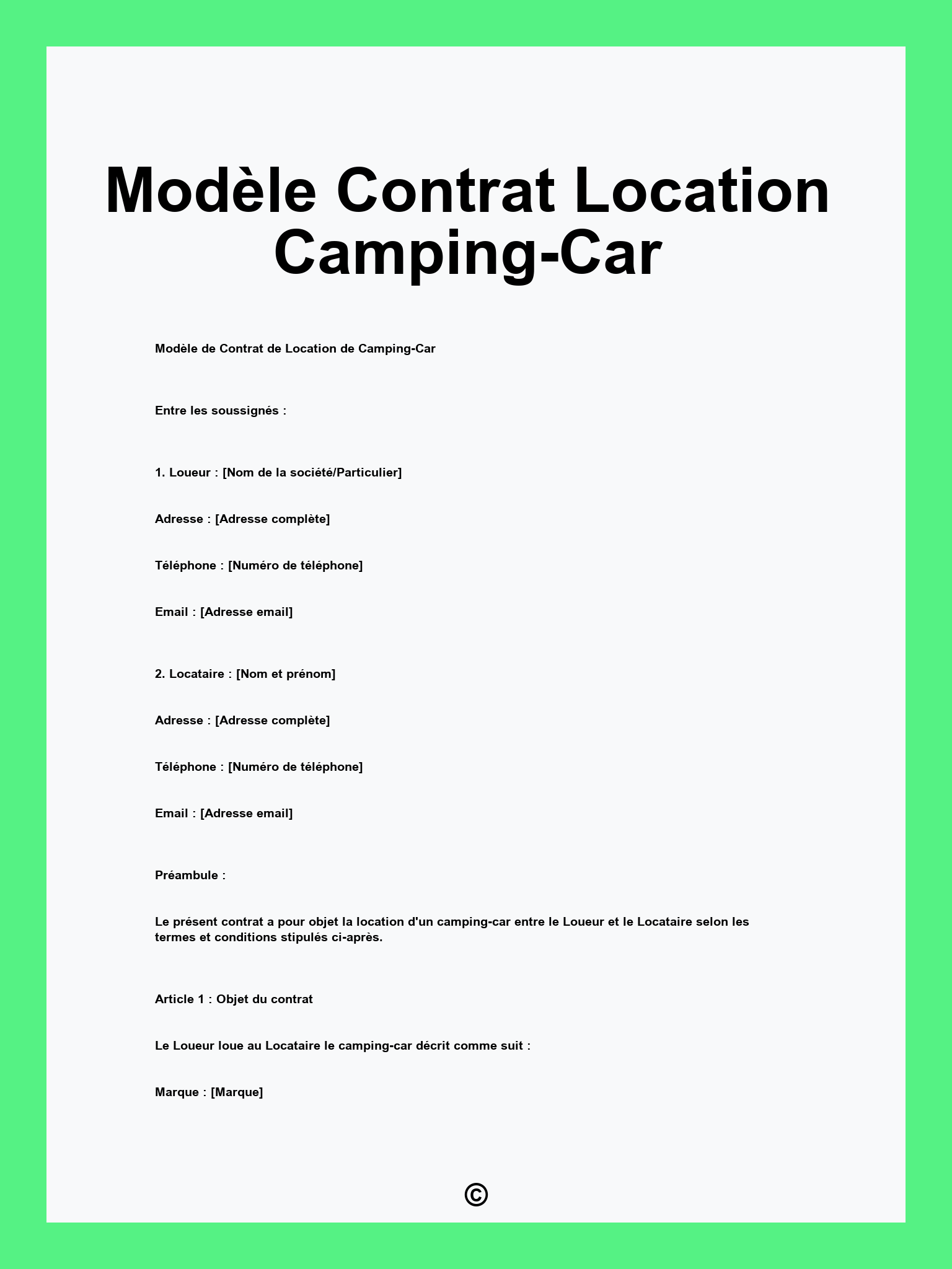 Modèle Contrat Location Camping-Car