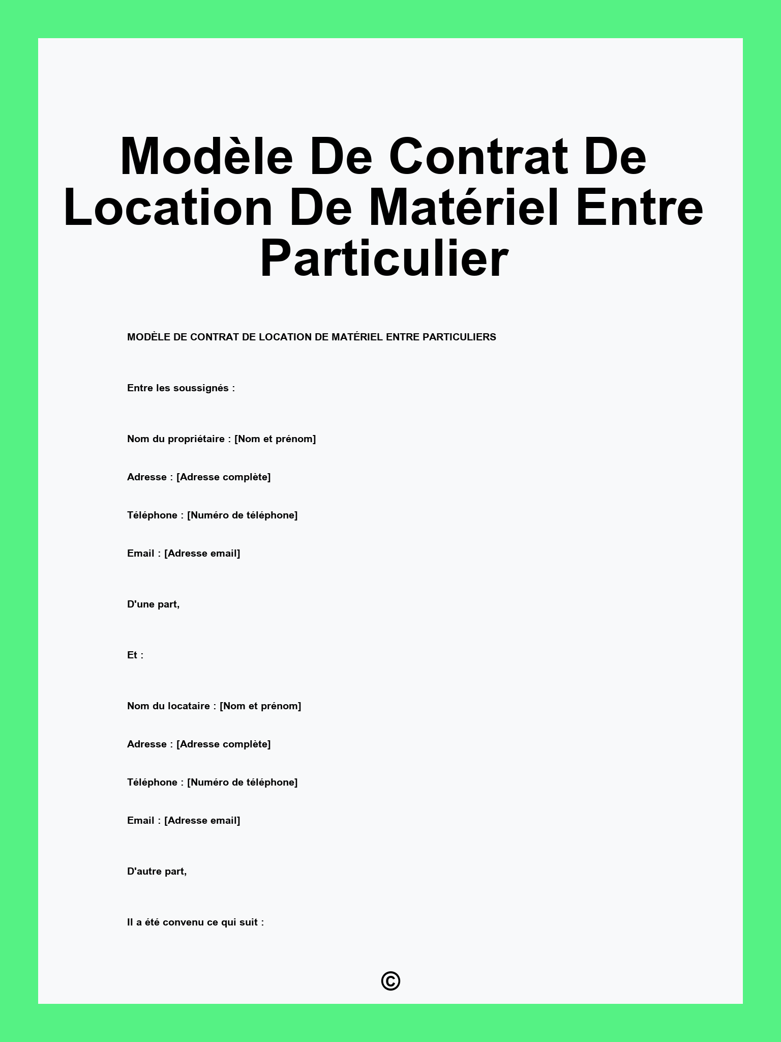 Modèle De Contrat De Location De Matériel Entre Particulier