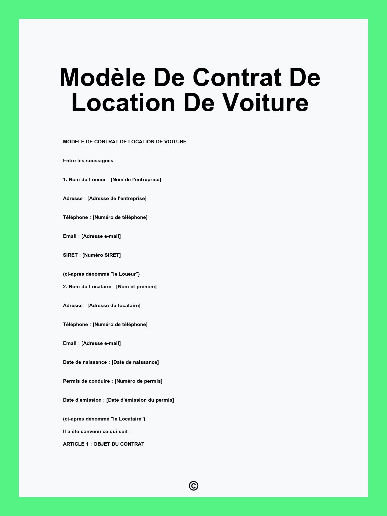 Modèle De Contrat De Location De Voiture