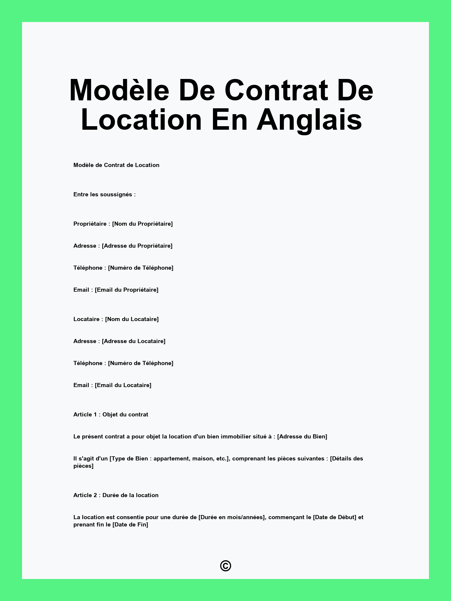Modèle De Contrat De Location En Anglais