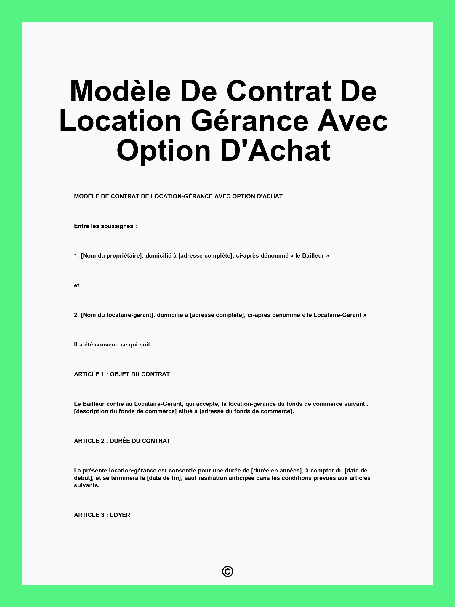 Modèle De Contrat De Location Gérance Avec Option D'Achat