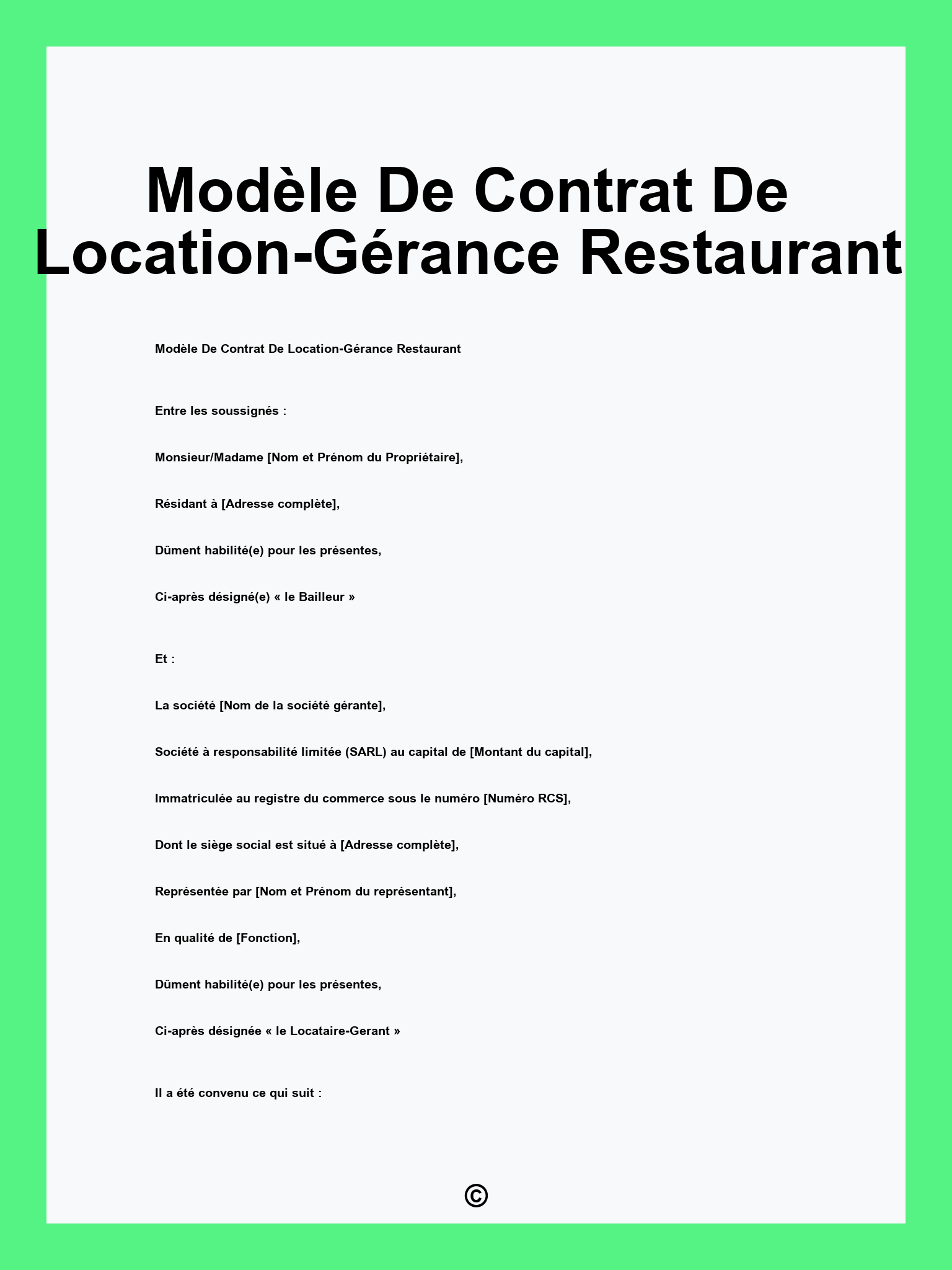 Modèle De Contrat De Location-Gérance Restaurant