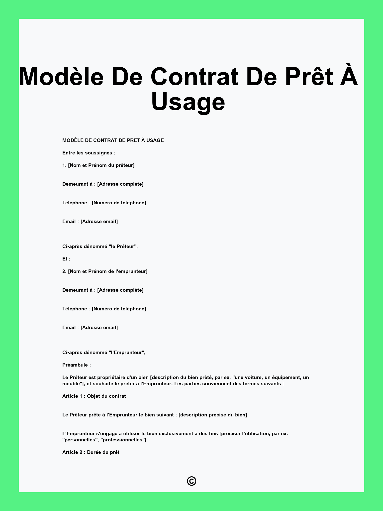 Modèle De Contrat De Prêt À Usage