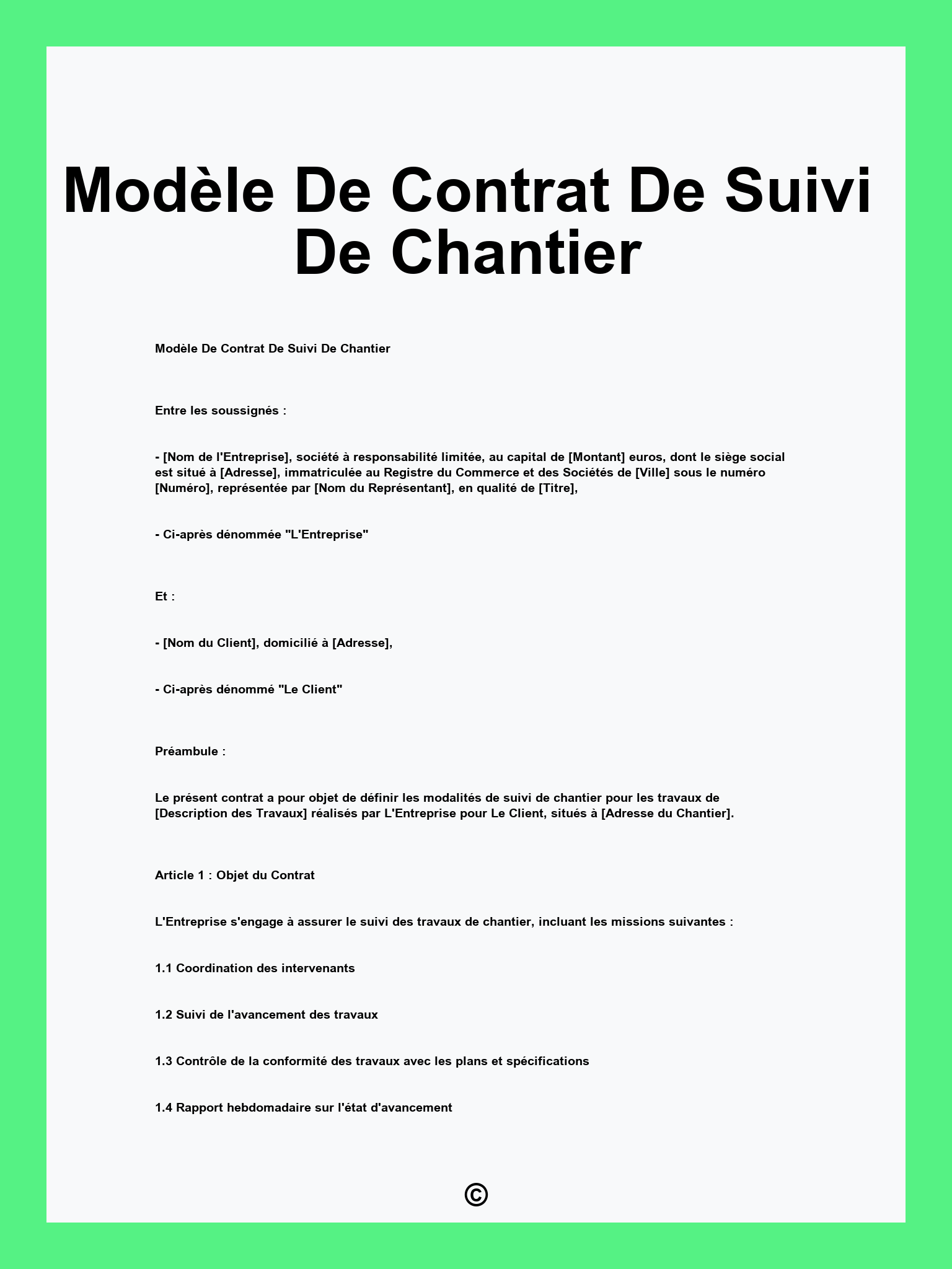 Modèle De Contrat De Suivi De Chantier
